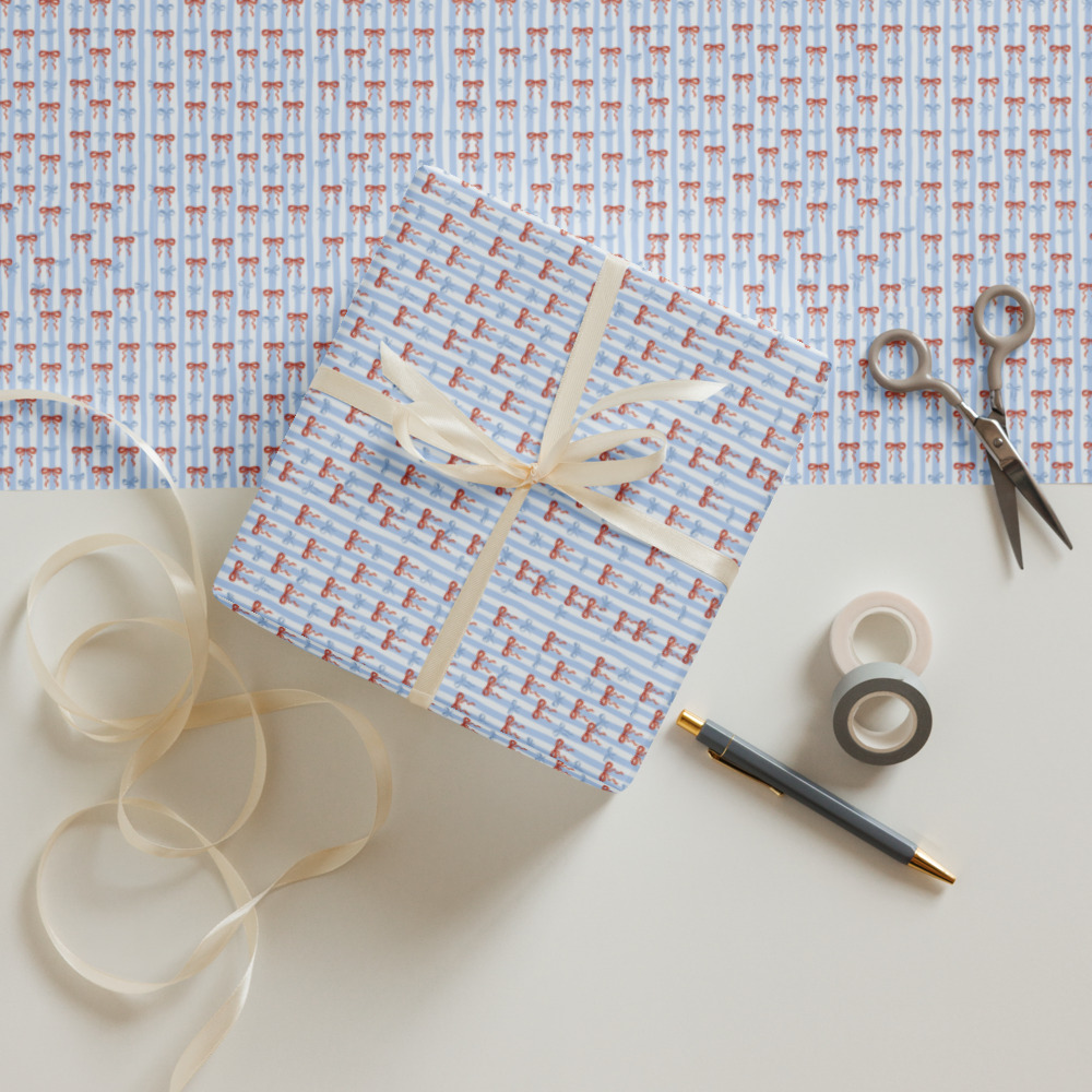 Blue Striped Bow Wrapping Paper