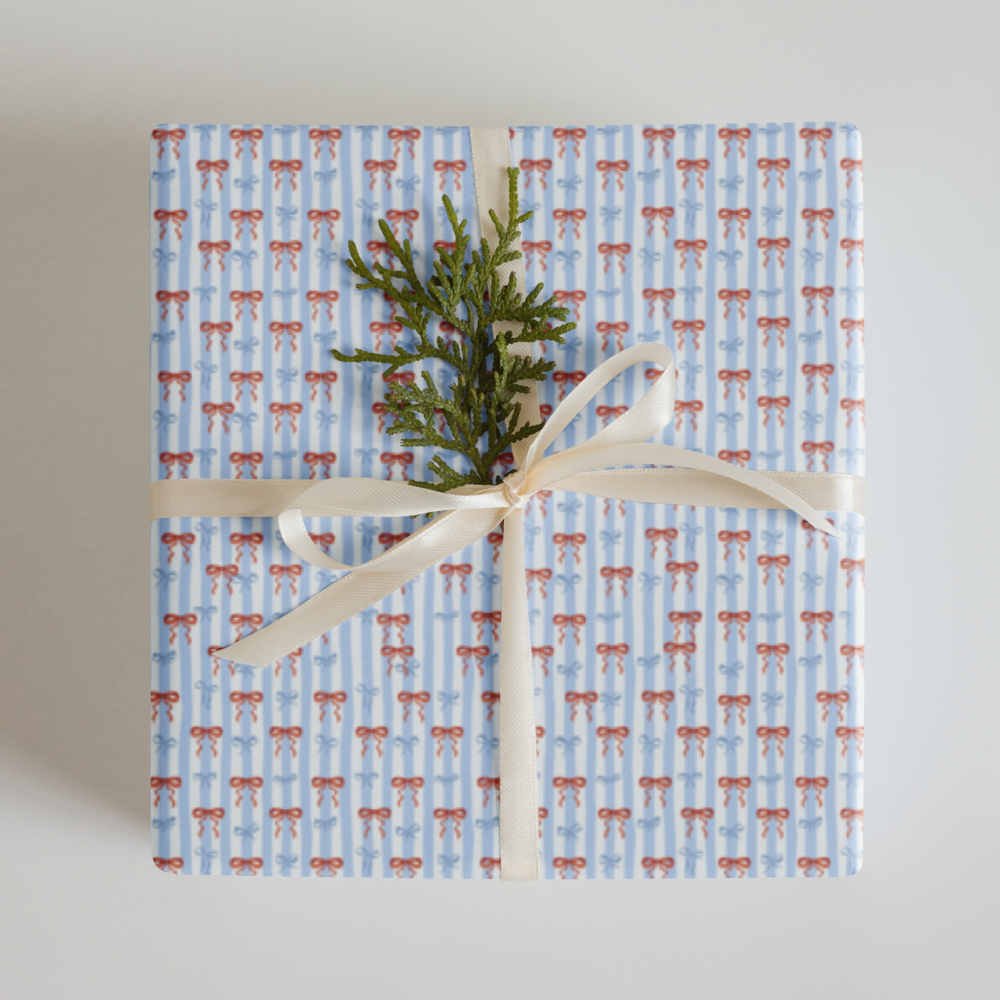 Blue Striped Bow Wrapping Paper Sheets | PrettyWrapsCo