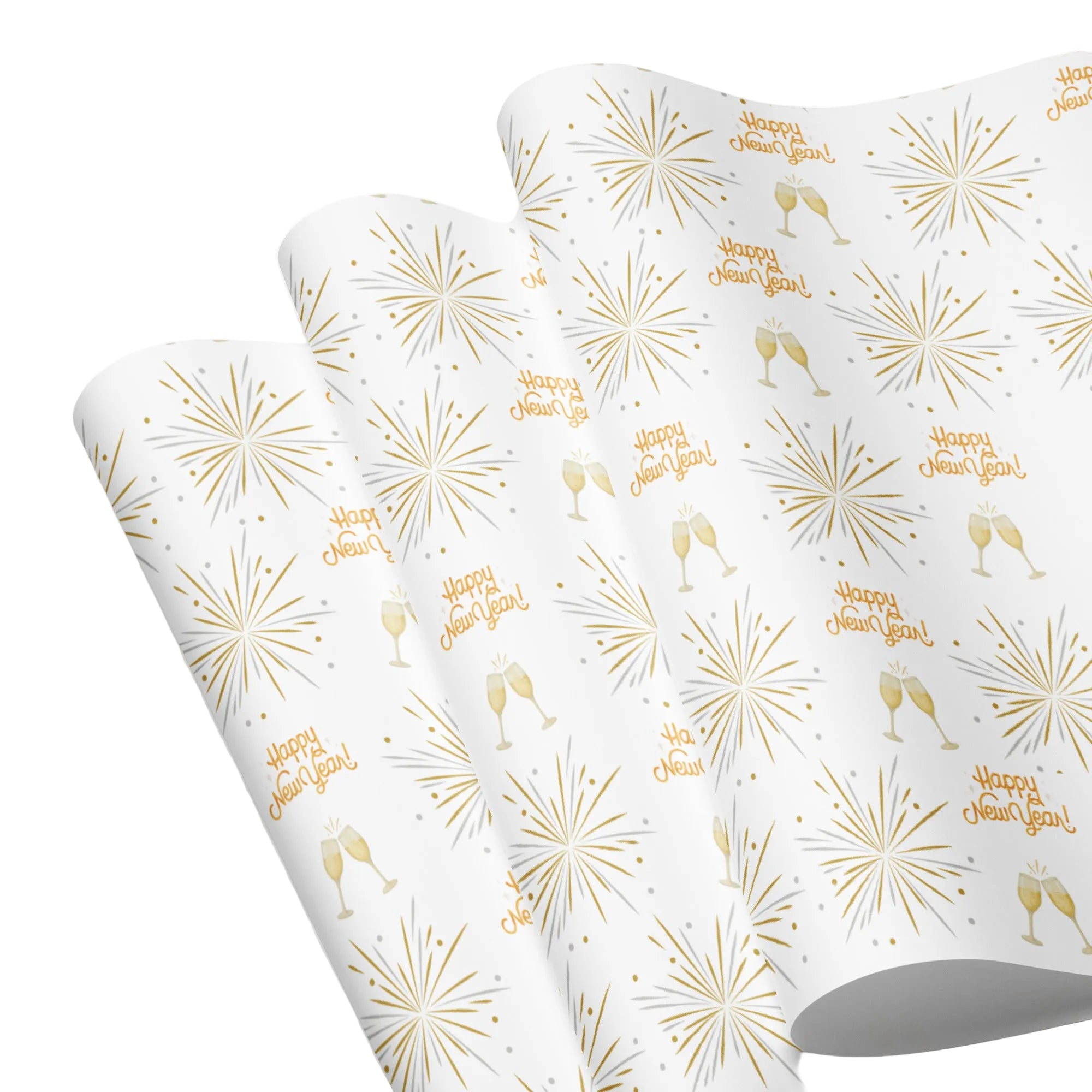 White paper with gold 'Happy New Year' and champagne glass patterns on a white background