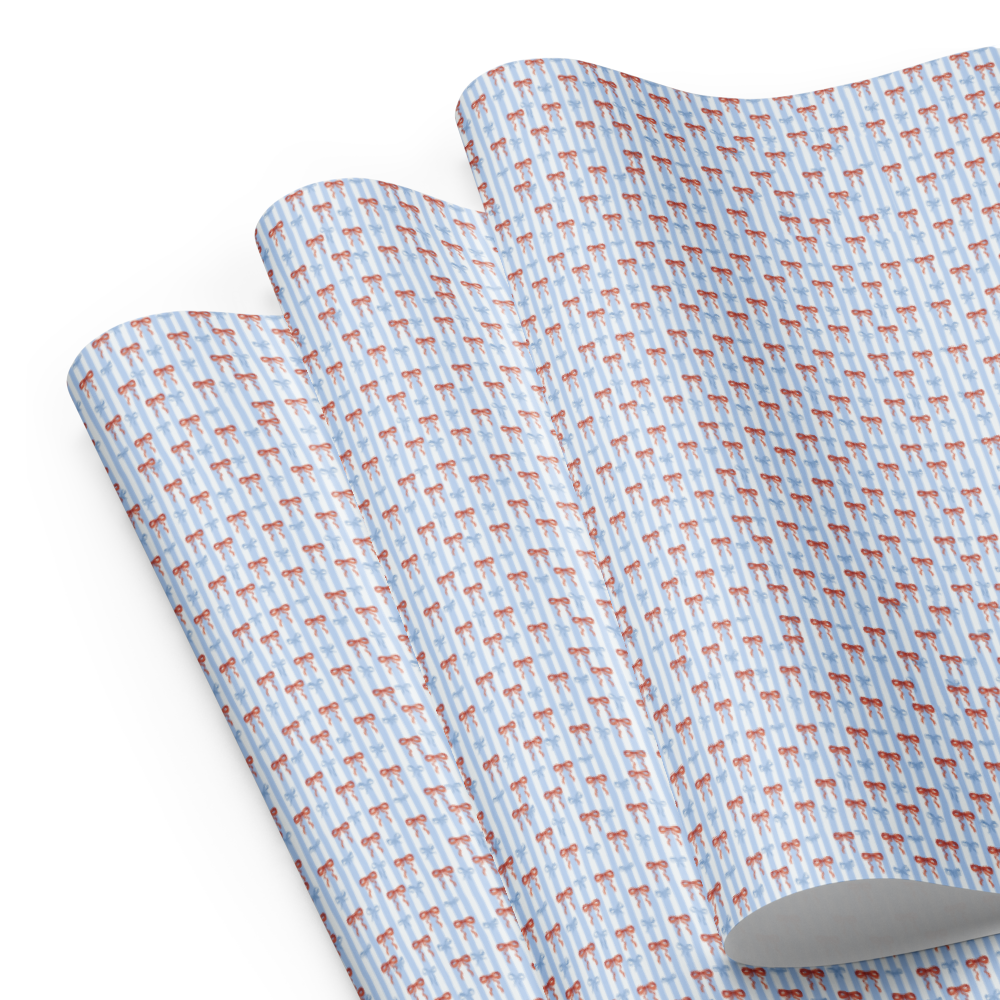 Blue Striped Bow Wrapping Paper Sheets- white matte 28.75x19.75inches | PrettyWrapsCo
