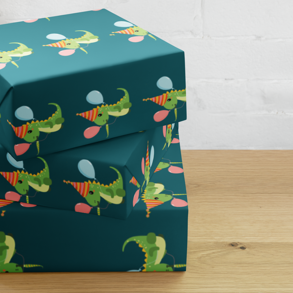 Dinosaur Balloon Wrapping Paper Sheets | Kids Birthday Gift Wrap | PrettyWrapsCo